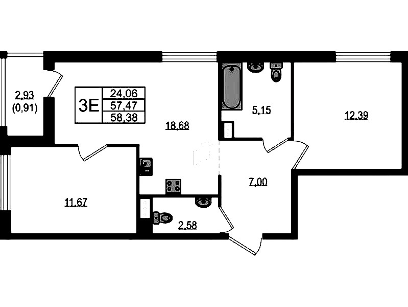 2-комнатная квартира 58.38 м², 5/18 эт., ЖК «Южная Нева»